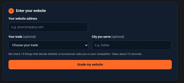 Contractor website grader form for a free website audit of HVAC, roofing and plumbing websites