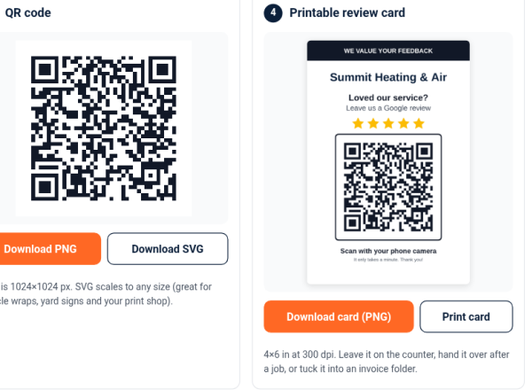 Google review link generator showing a QR code and a printable review card