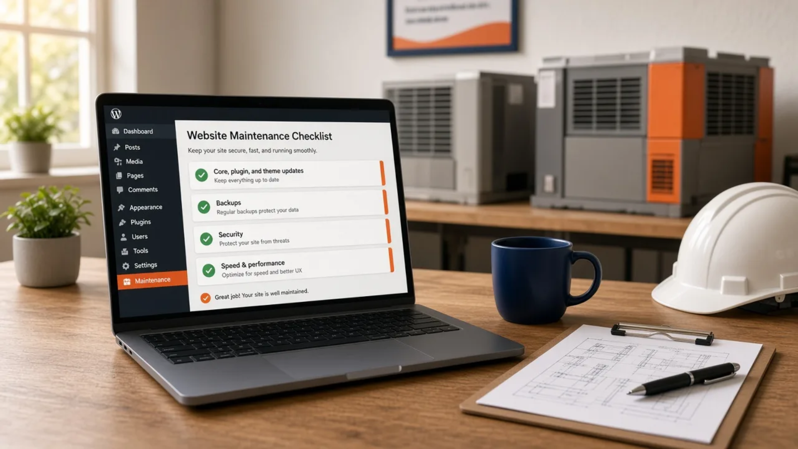 Website maintenance plan checklist for a WordPress site on a laptop in an HVAC contractor's office