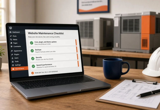 Website maintenance plan checklist for a WordPress site on a laptop in an HVAC contractor's office